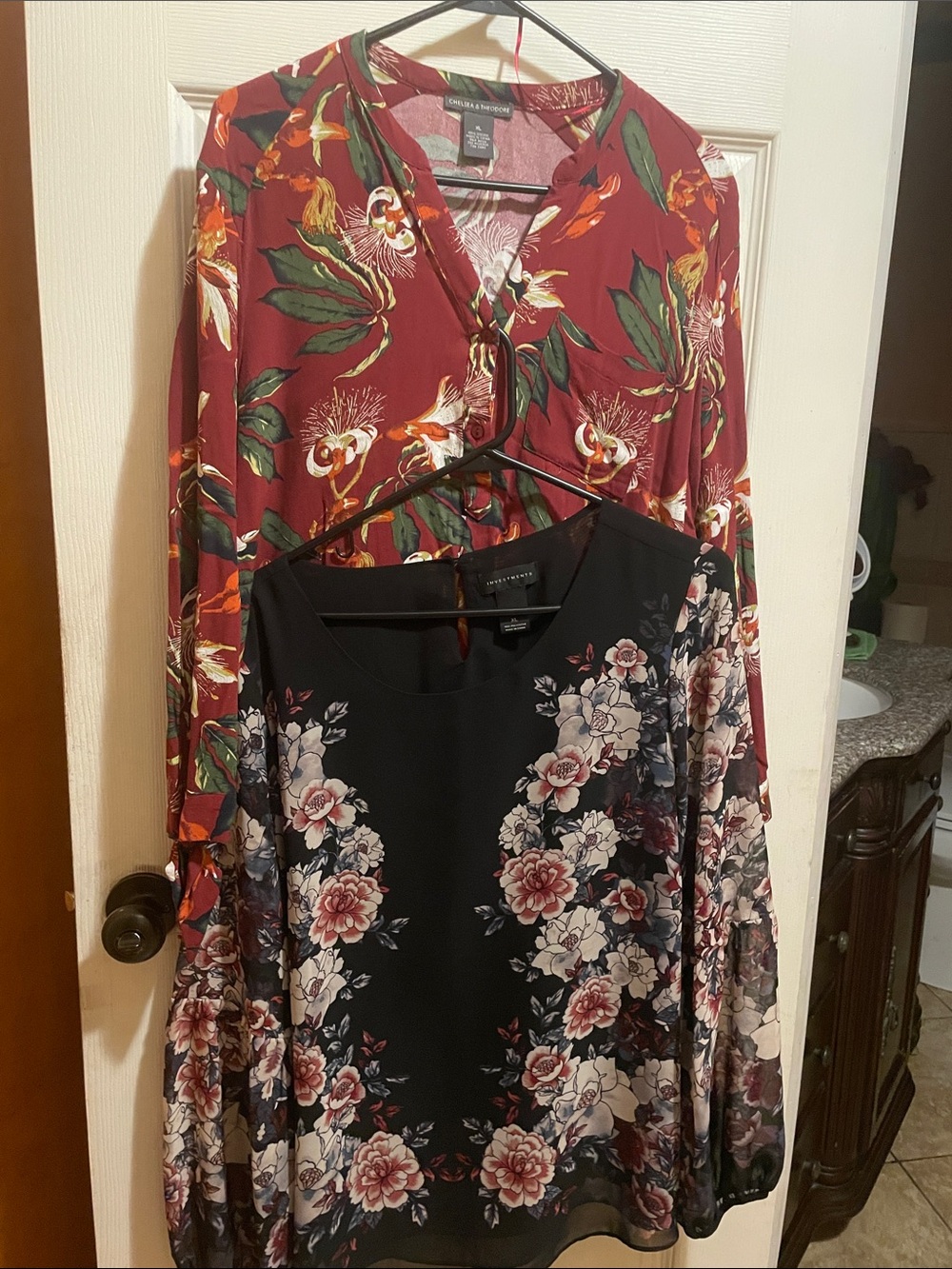 Investments Black & Burgundy Floral Long-Sleeve Dresses